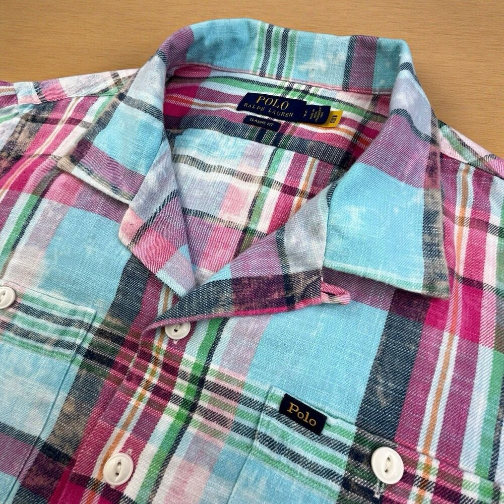 Polo Ralph Lauren Flannel Shirt Mens Small Loop Collar Plaid Chest Pockets
